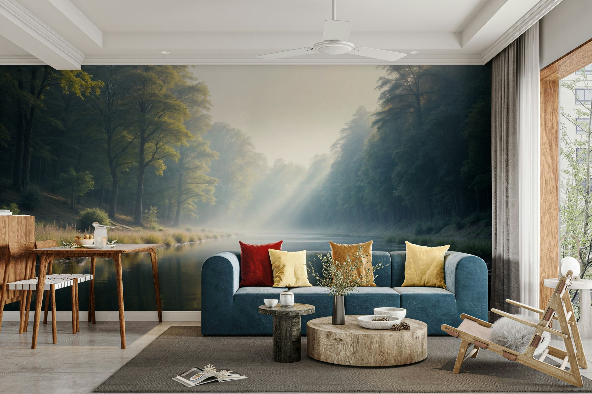 Tranquil woods and river wall design


