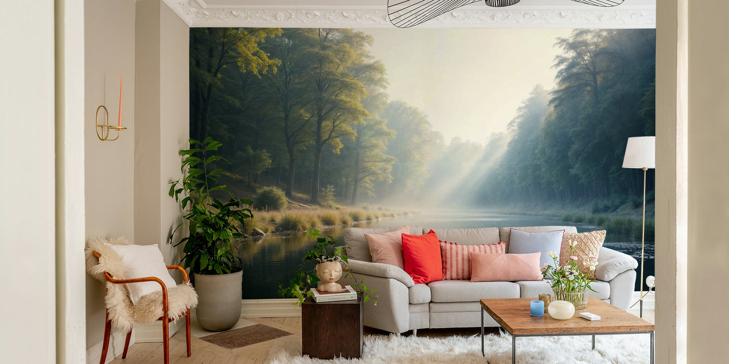 Light filtering forest river wallpaper

