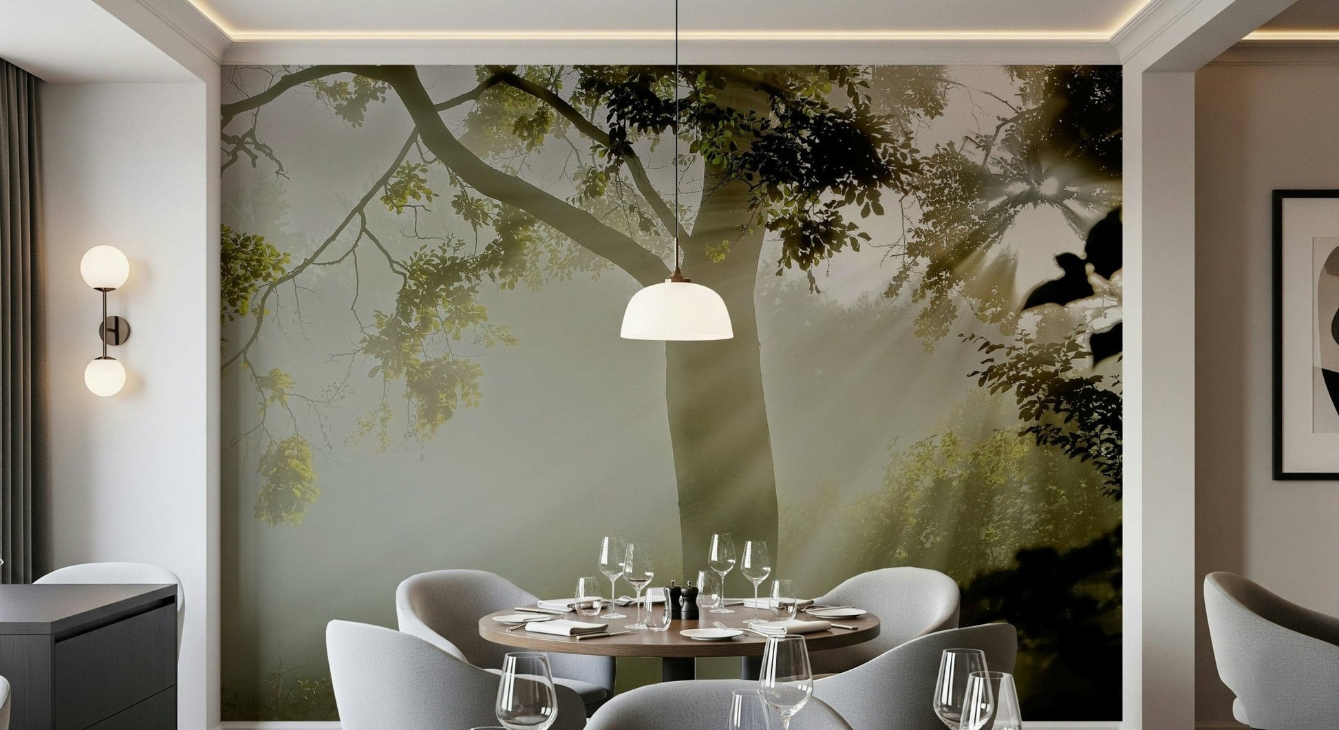 Forest Serenity wall mural Enchanting forest, green leaves, natural glimmering light.