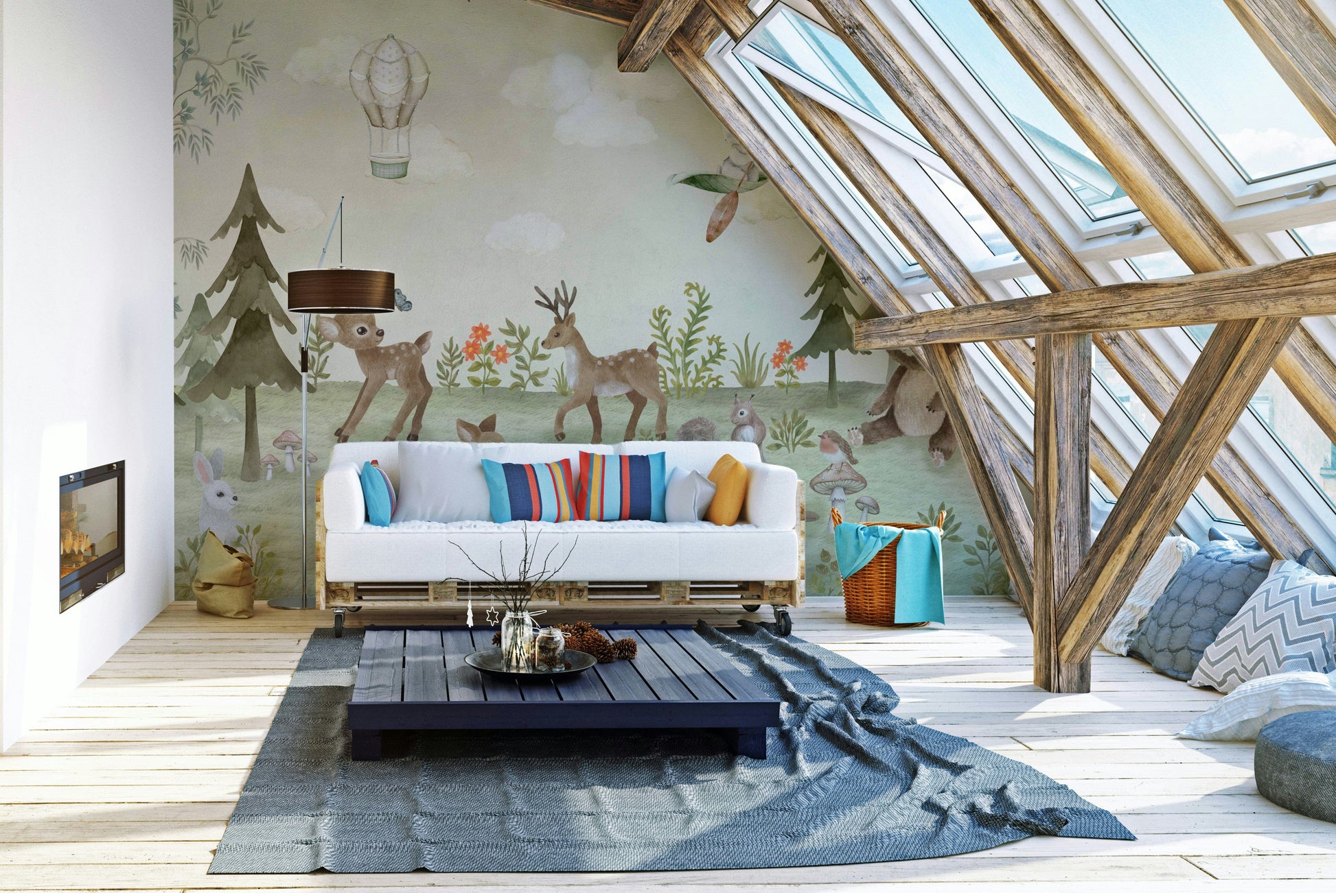 A peaceful wall mural with an organic, whimsical design.

