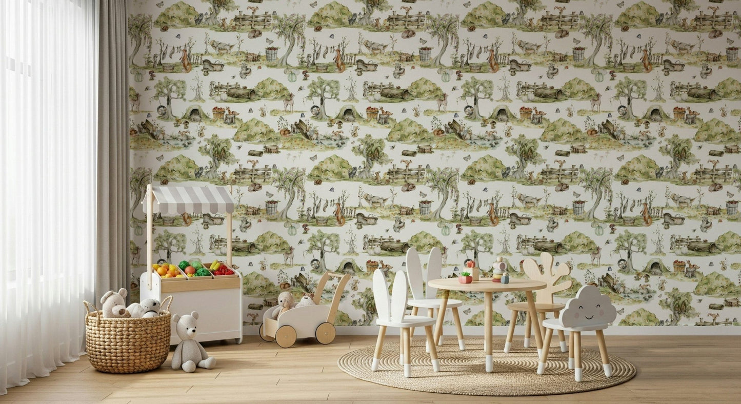 Nursery wallpaper, enchanting Forest Tales, burrow, pumpkins, tree stumps.
