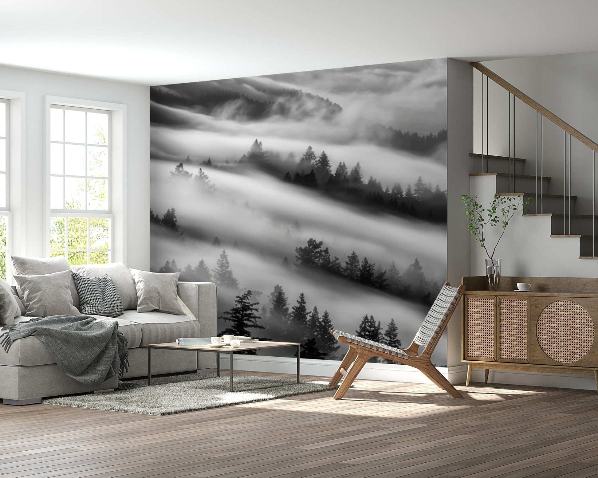 Moody black and white landscape frame Forest Veil accent wall.