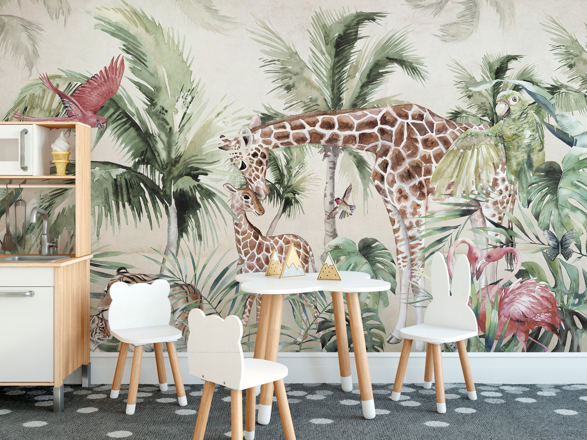 Forest Landscape Watercolor wallpaper mural shown as a full feature wall that highlights the design