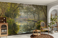 The image shows a full wall with a waterway winding through trees.

