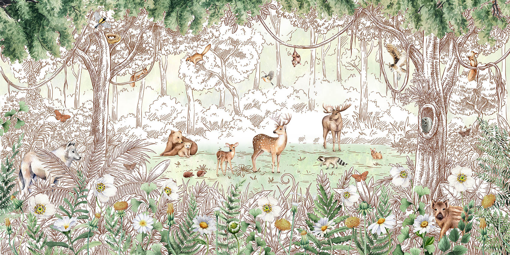 Forest friends in spring season wallpaper for walls in your room — zoomed
