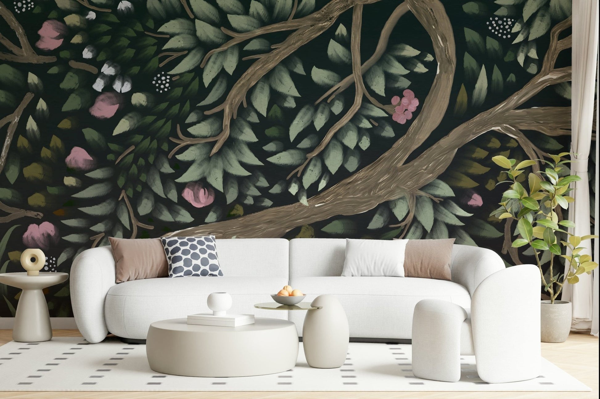 Calm forest scenery mural for yoga space, natural greens, full wall coverage
