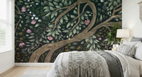 Misty woodland mural behind sofa, rich greens, modern home styling backdrop