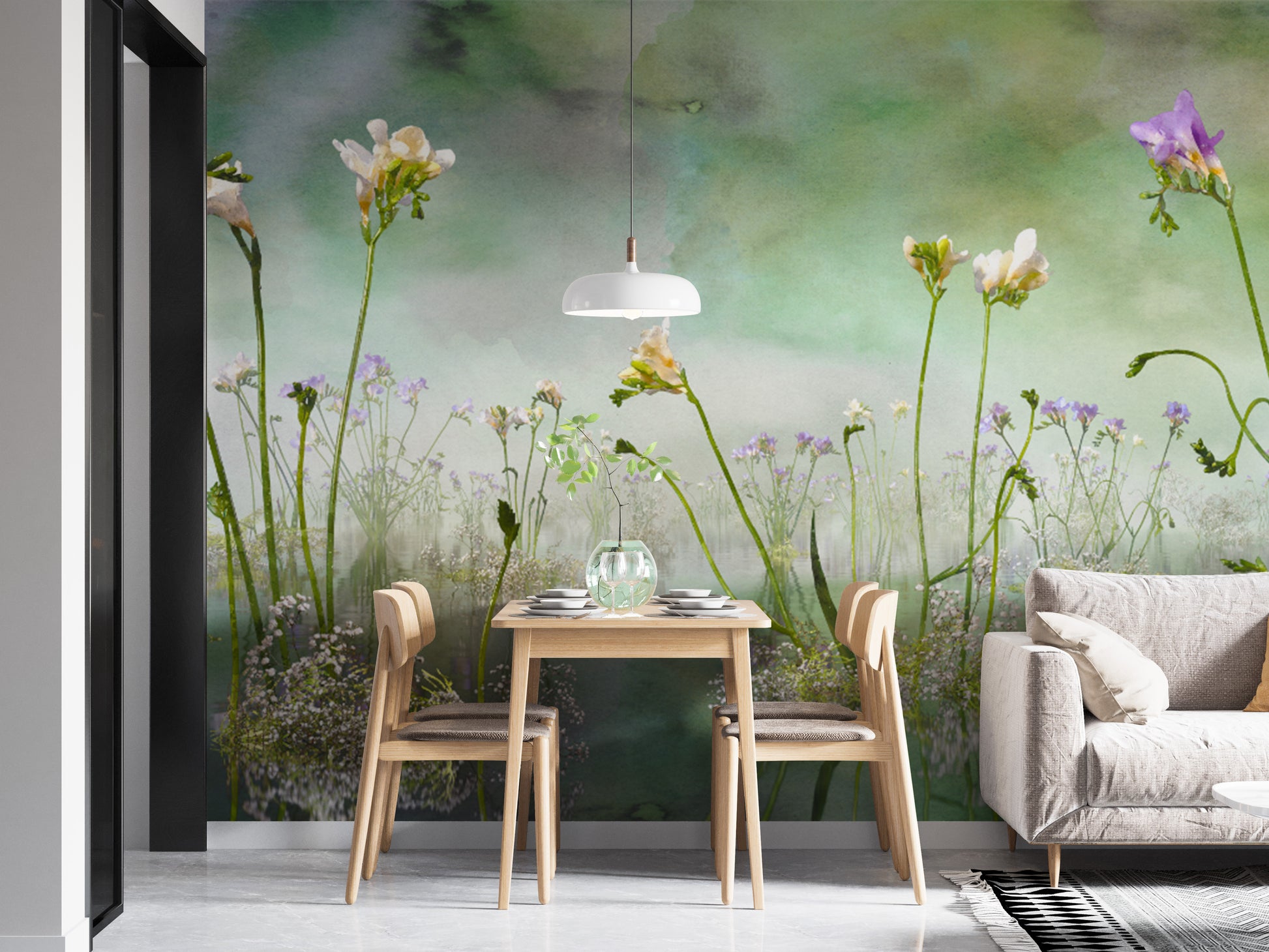 Forever freesia flower wallpaper for elegant green interiors.