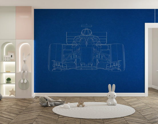 Formula One Car Blueprint Style wallpaper mural in deep blue in a nursery with a white rabbit figurine and round rug