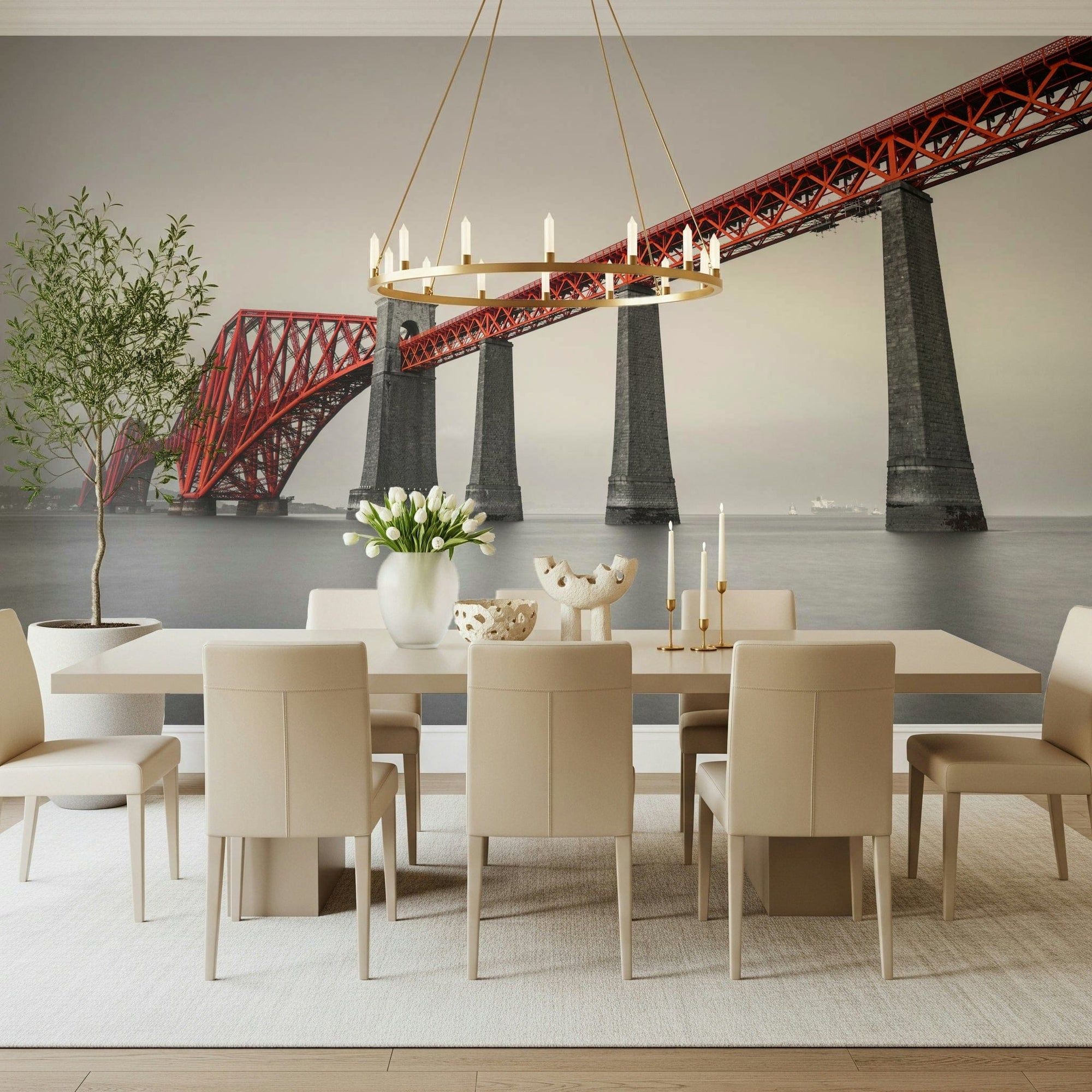 Forth Bridge Span wallpaper mural of the red Scottish bridge behind a cream dining table and chairs under a ring chandelier