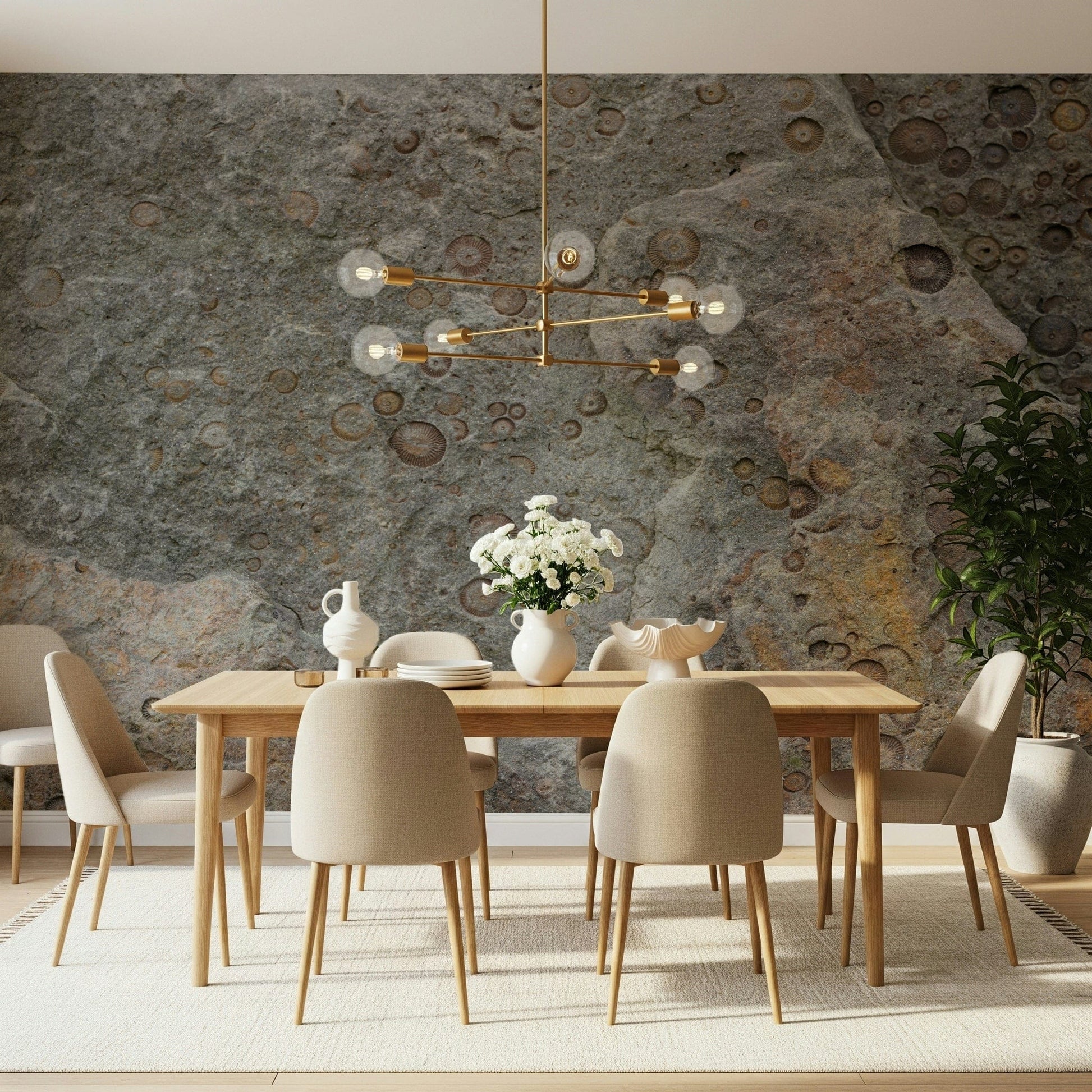 Stone texture wallpaper featuring intricate fossil details for a natural, earthy aesthetic.