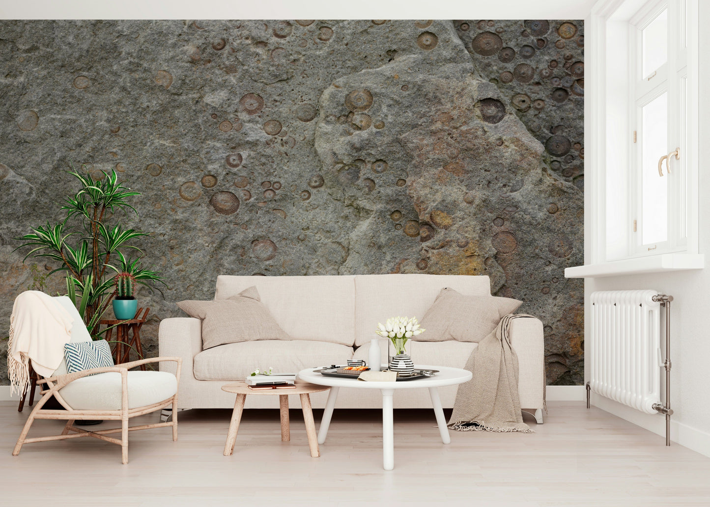 Natural stone wallpaper with visible fossils and textured rock patterns for a rustic look.