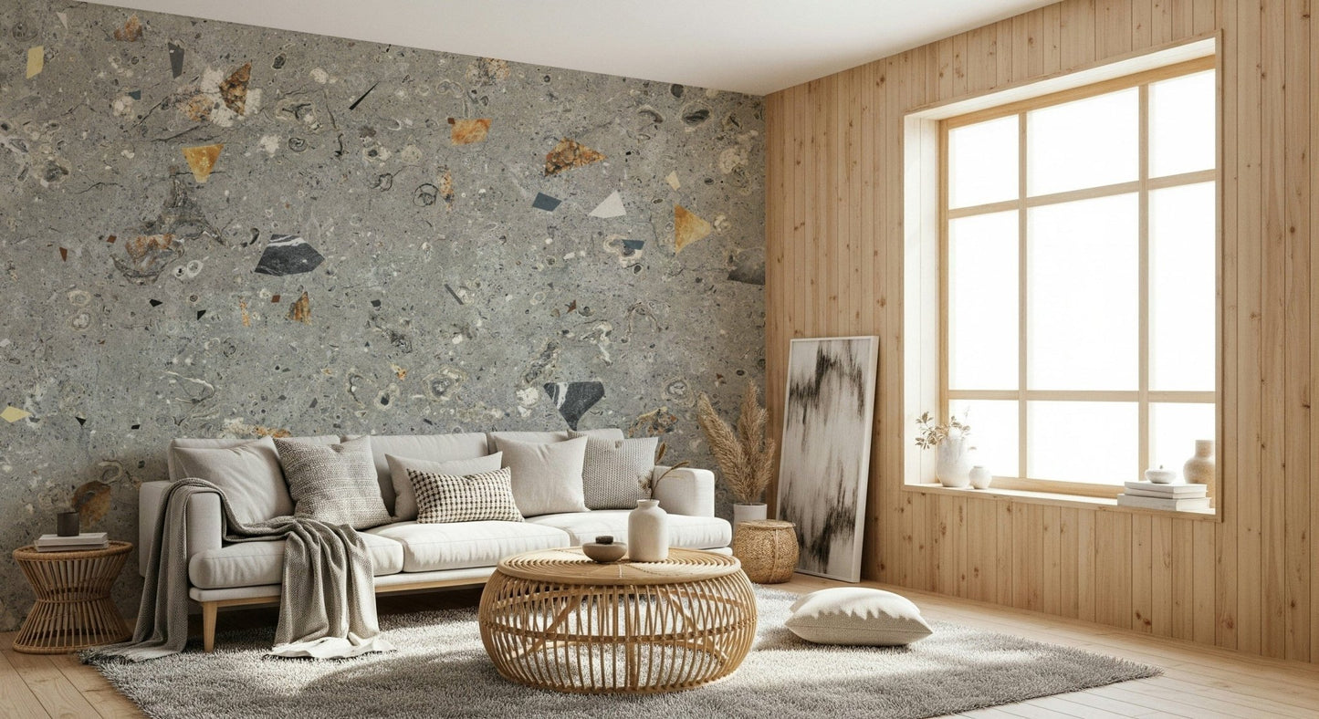 Organic concrete Fossil Stone Grey Terrazzo surface mural.