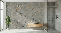 Geological Grey Terrazzo embedded wallpaper surface.