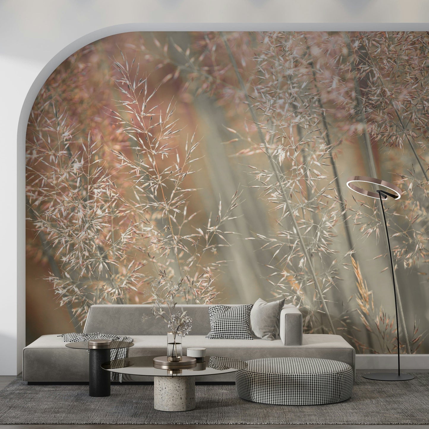 Minimalist botanical mural with tall, arching fountain grass illuminated by warm light.