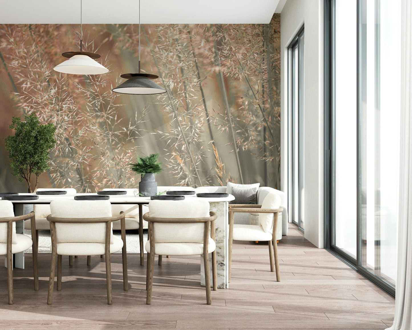 Botanical mural showcasing tall fountain grass with feathery plumes in gentle earthy tones.
