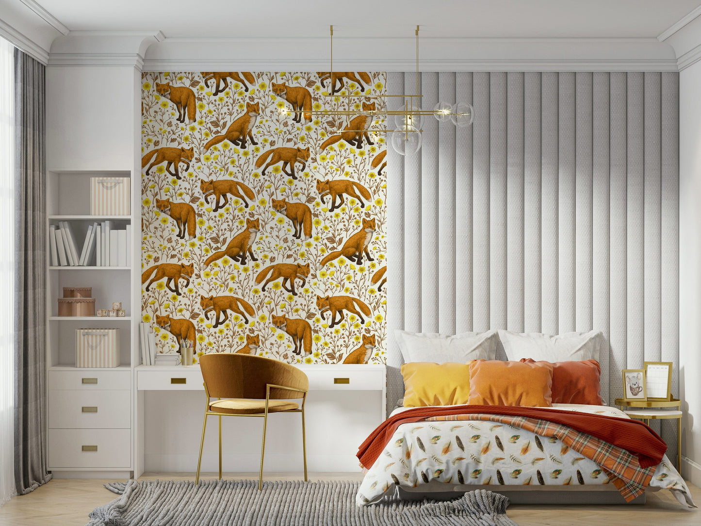 Foxes and Buttercups Wallpaper — lively woodland scene with foxes and blooming yellow flowers on white.