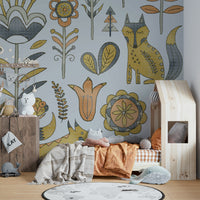 Playful fox and meadow pattern in gold and gray for a child's room.