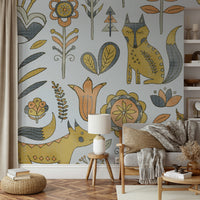 Golden and gray fox pattern wall decor for a cozy nursery.