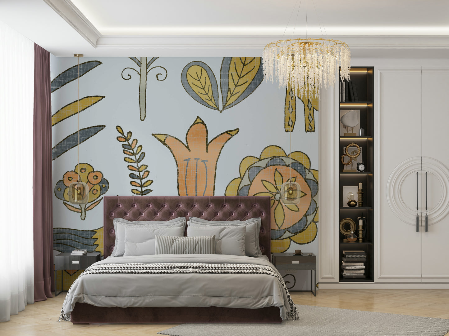 Golden fox wallpaper in a bright, minimalist home office space.