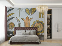 Golden fox wallpaper in a bright, minimalist home office space.