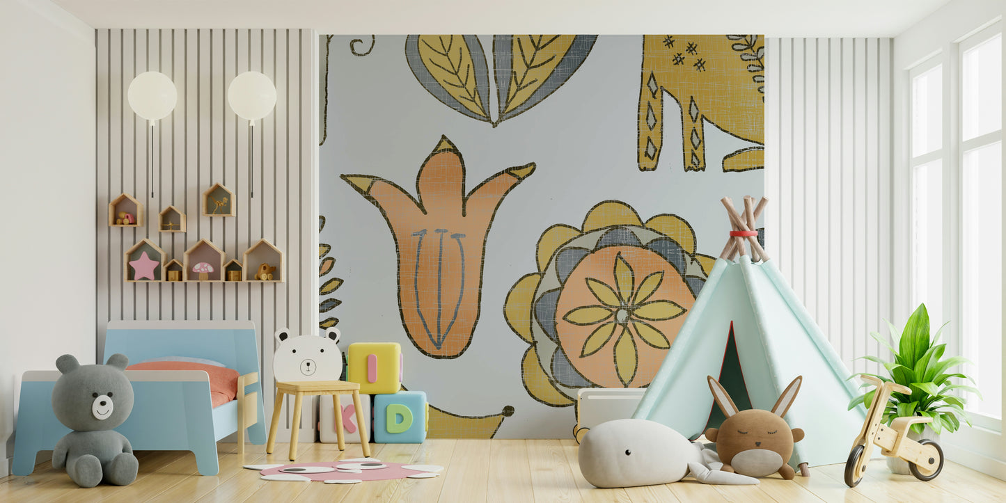 Detailed view of Foxes in the meadows golden and gray wallpaper in a bedroom.