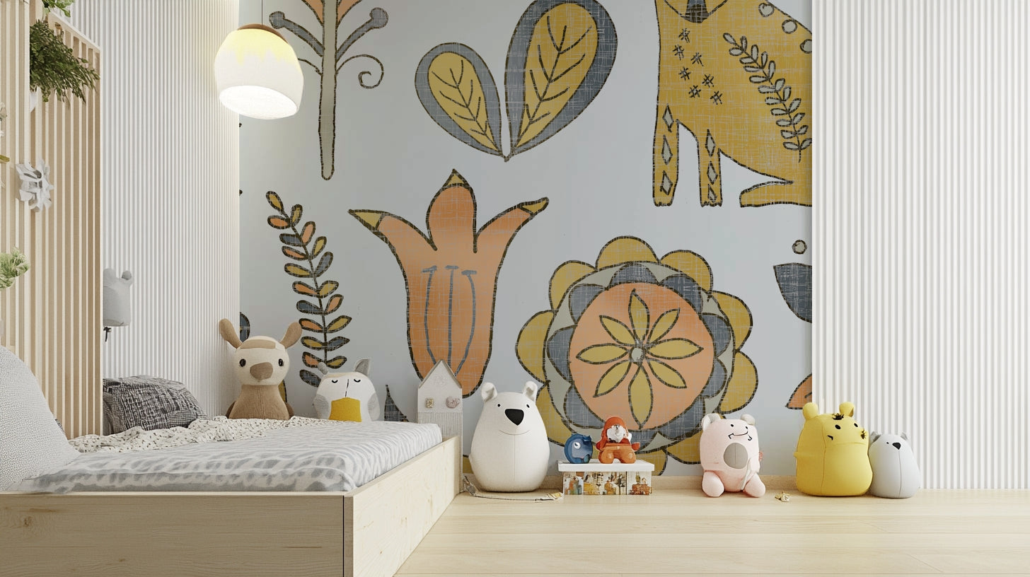 Foxes in the meadows golden and gray design for a feature wall.