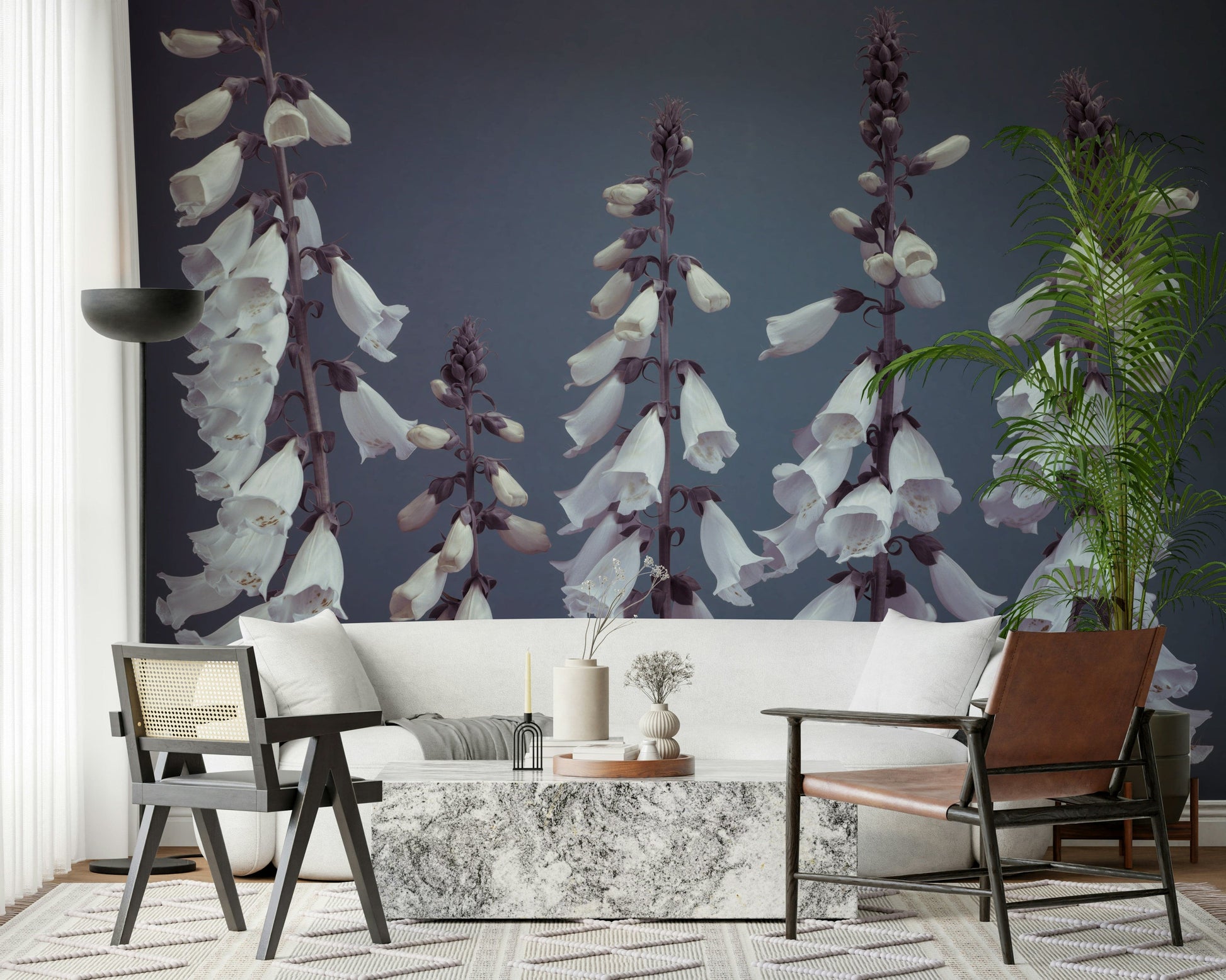 Pale ivory Digitalis spikes wallpaper, sophisticated interior accent.