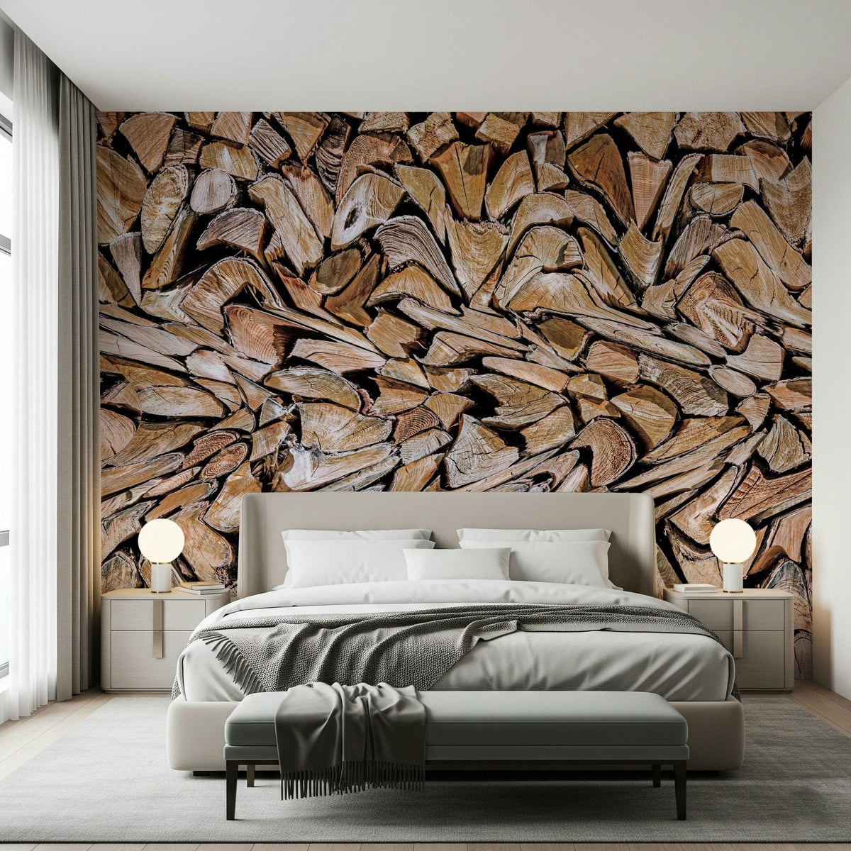Fractured Timber wallpaper mural of stacked split firewood behind a cream upholstered bed in a bedroom