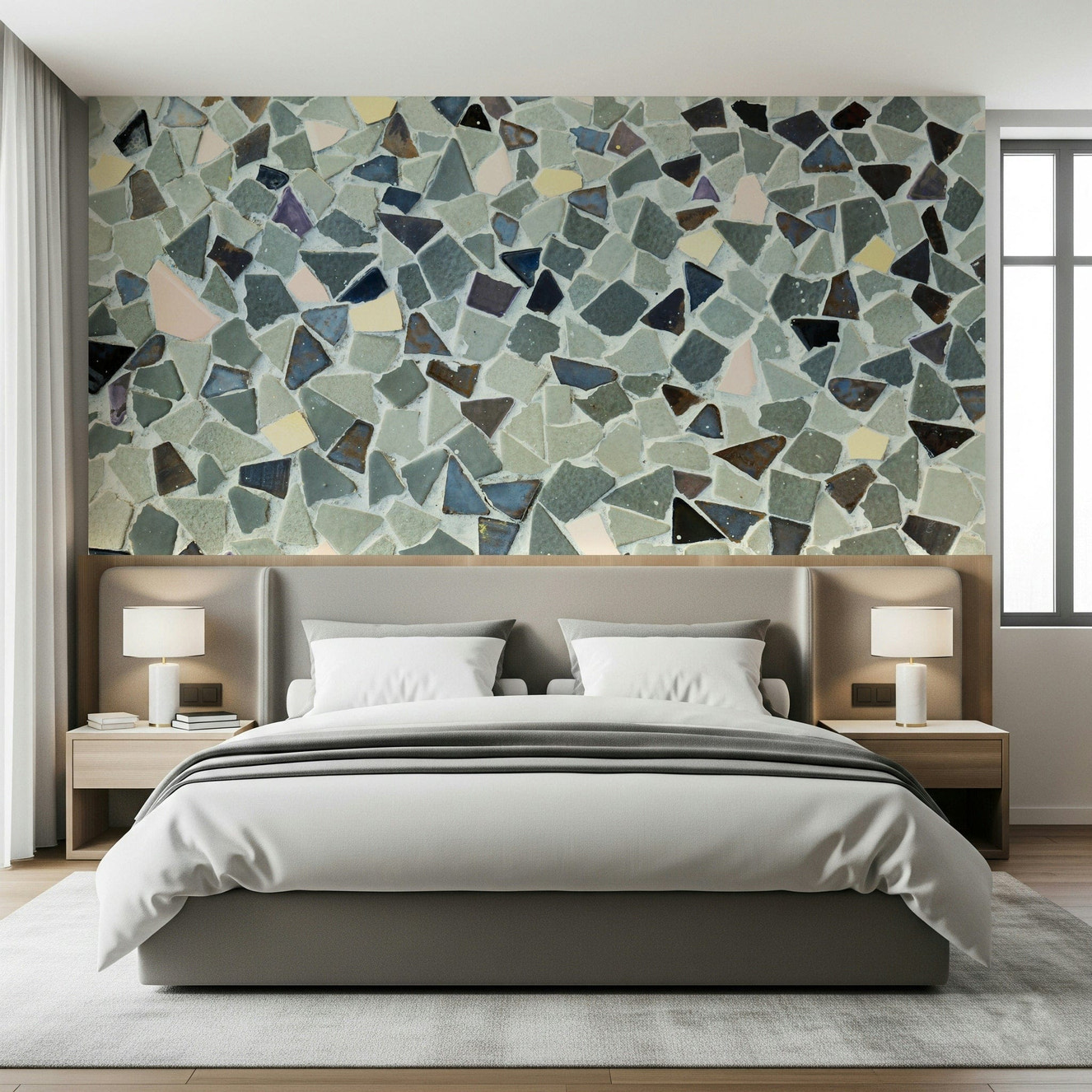 Asymmetrical Natural Look Tile printed wallpaper pieces.