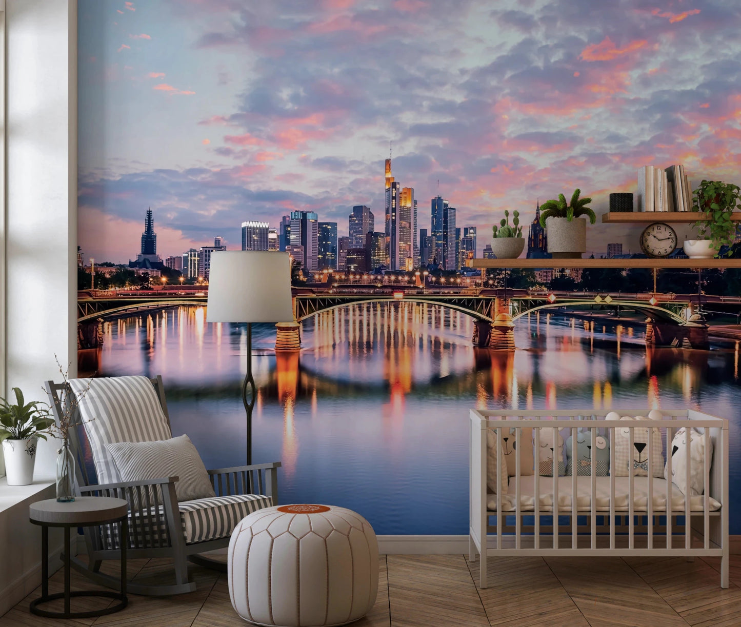Frankfurt Dawn wallpaper mural with purple sunset sky over the river behind a white crib in a nursery