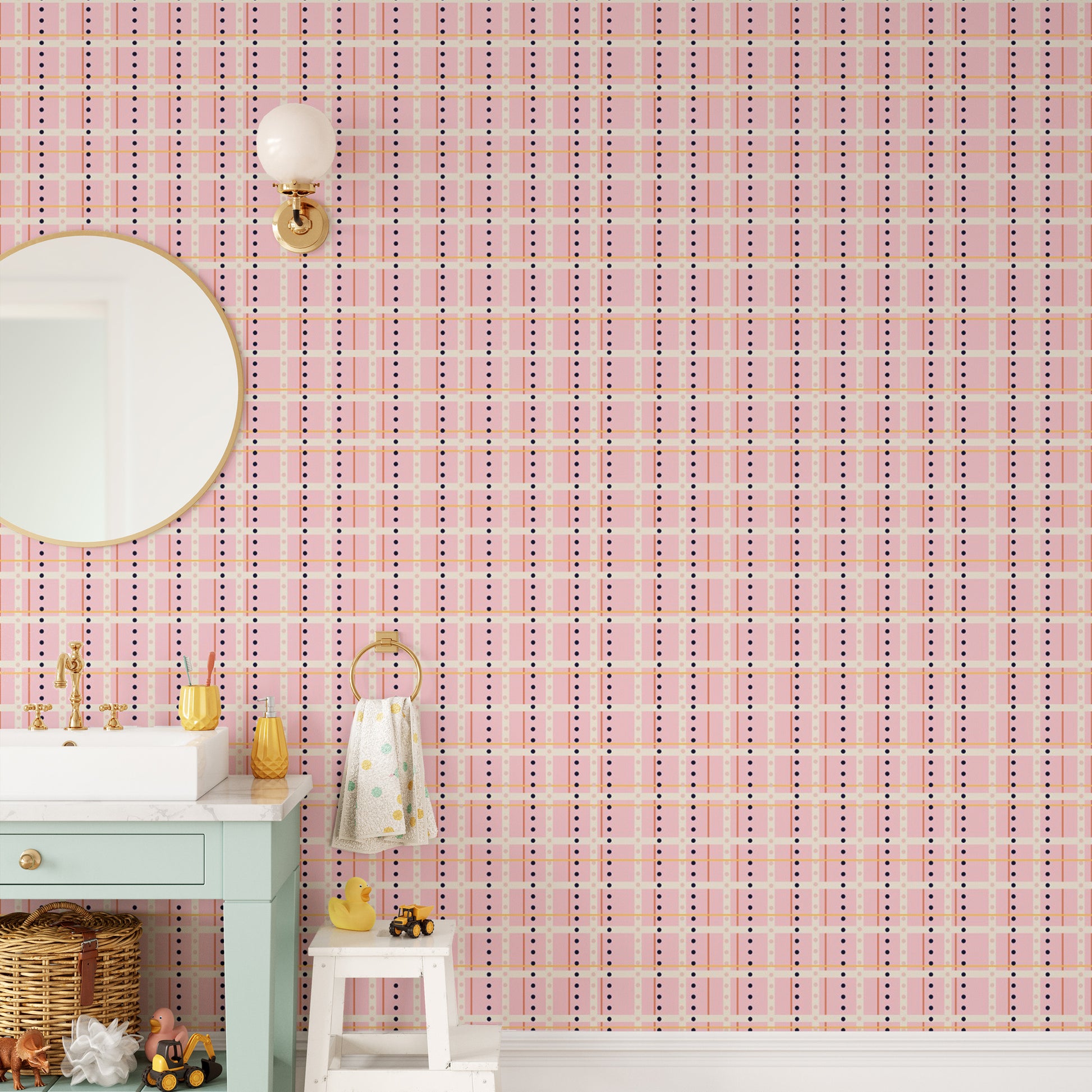 Removable self adhesive French Dotted Checks Pink Wallpaper in a vanity area with a round mirror.
