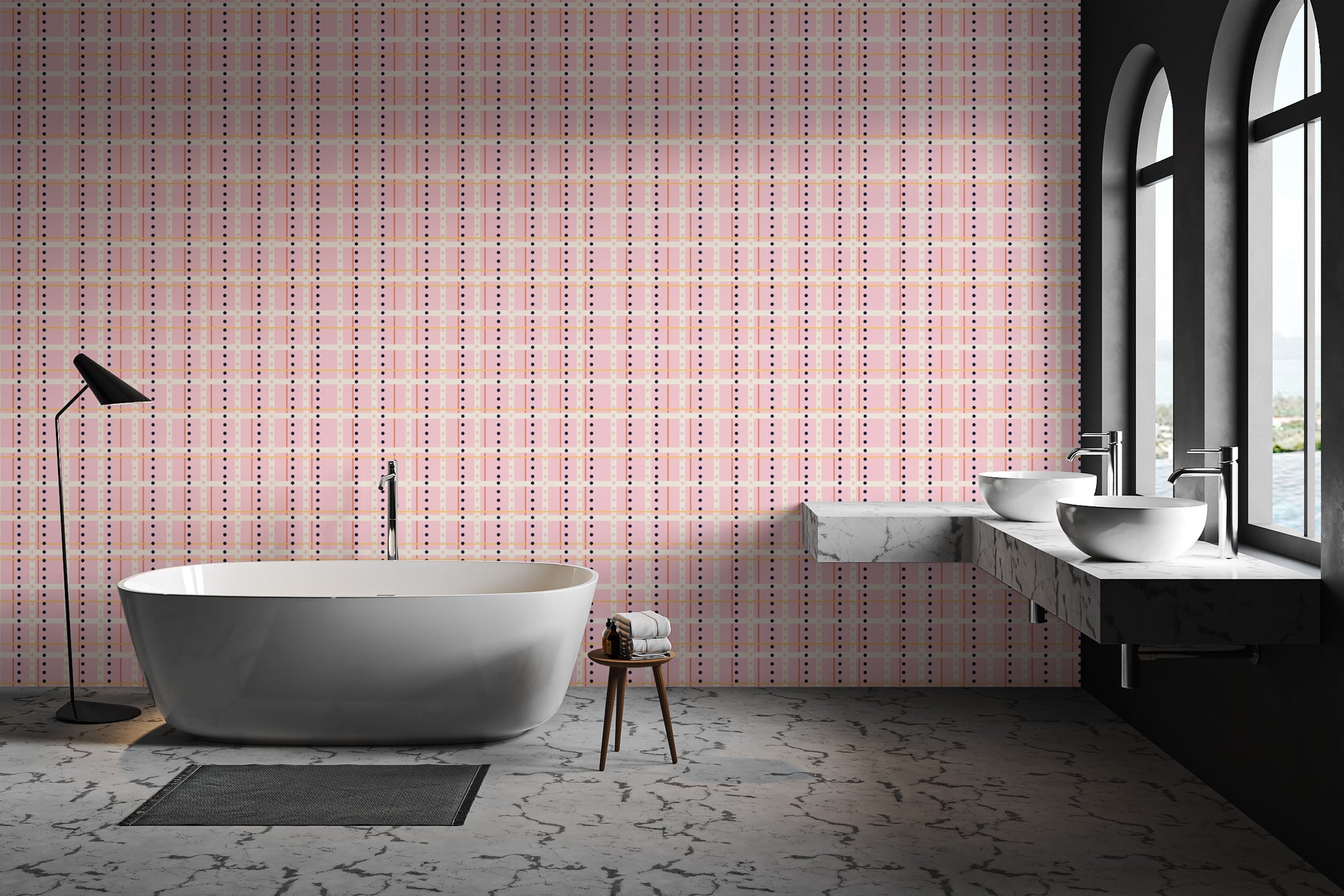 Premium canvas French Dotted Checks Pink Wallpaper in a minimalist bathroom with a standalone bathtub.