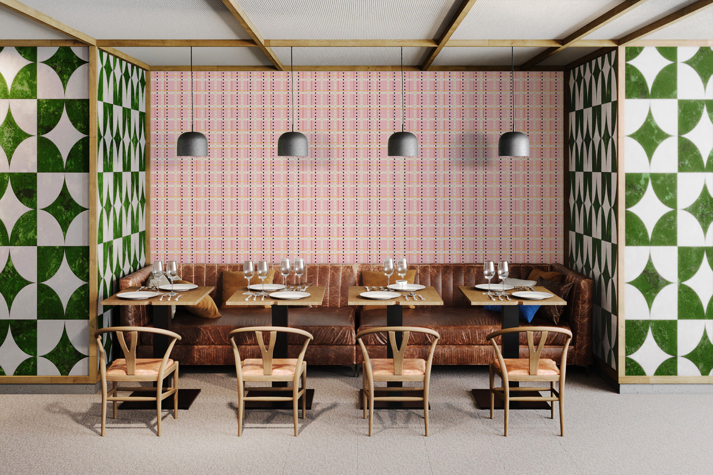 French Dotted Checks Pink Wallpaper peel and stick in a bistro setting with green patterned wall tiles.