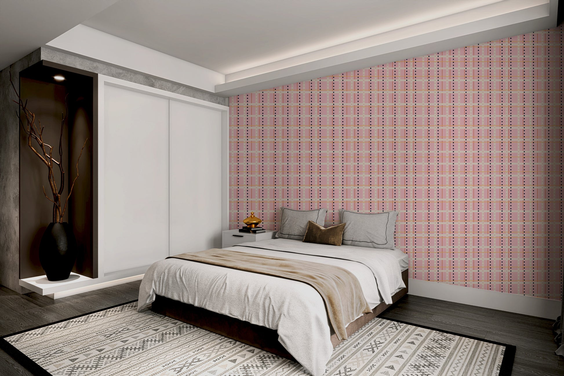 Removable French Dotted Checks Pink Wallpaper in a master bedroom with a white bed and minimalist decor.