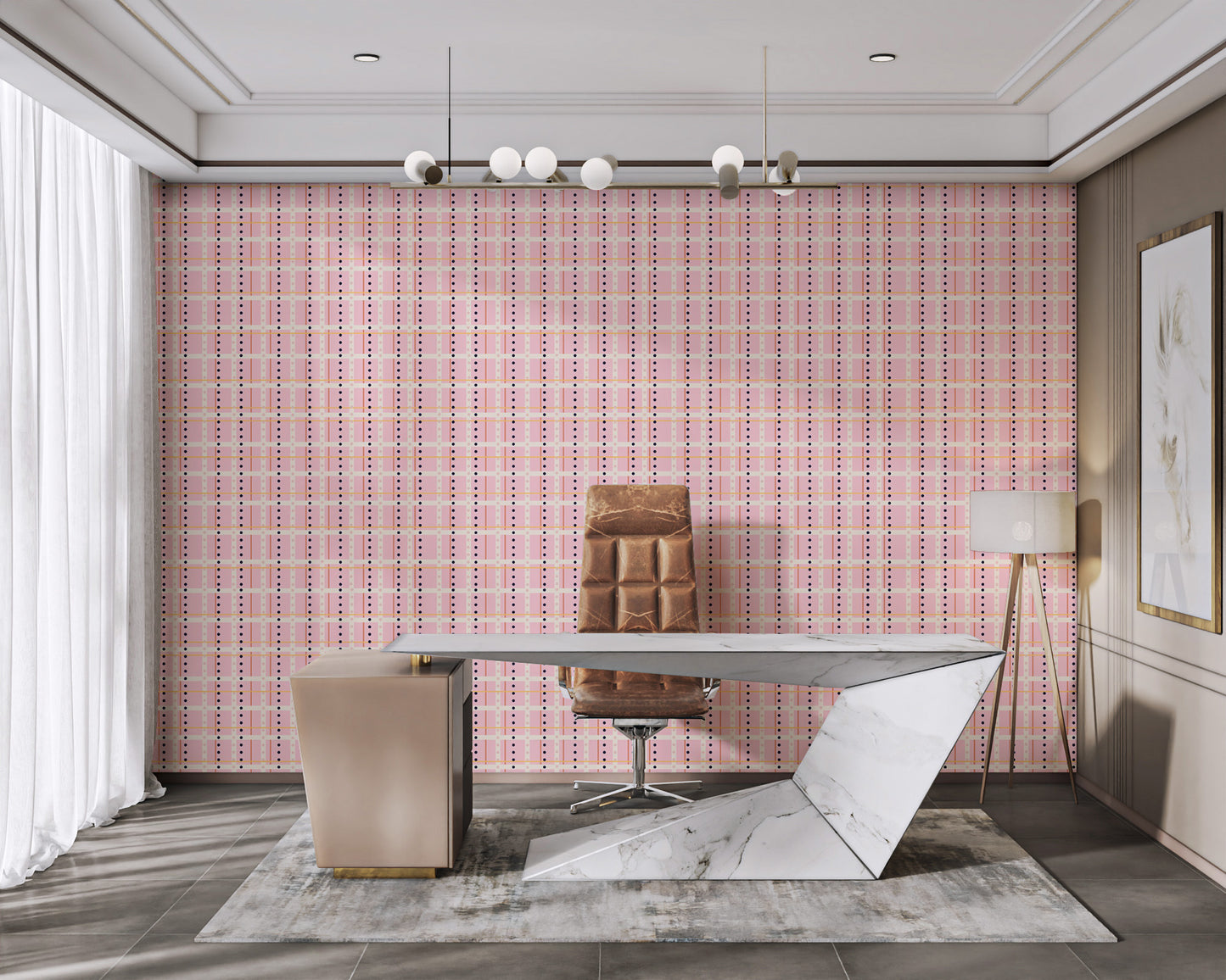 Premium French Dotted Checks Pink Wallpaper in a home office featuring a sleek, modern white curved desk.