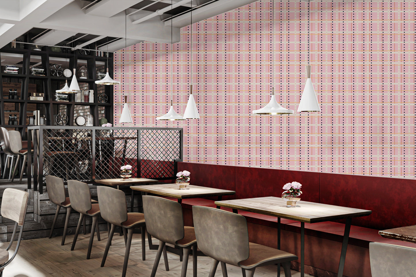 French Dotted Checks Pink Wallpaper on canvas in a stylish dining area with modern seating and pendant lights.