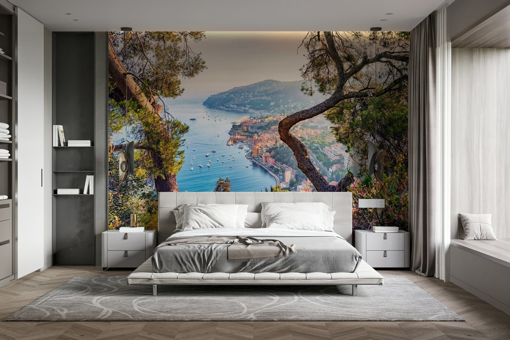 Coastal wall art featuring sea, villas, and greenery

