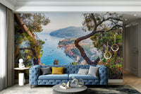 Mediterranean vista wallpaper in pastel coastal tones

