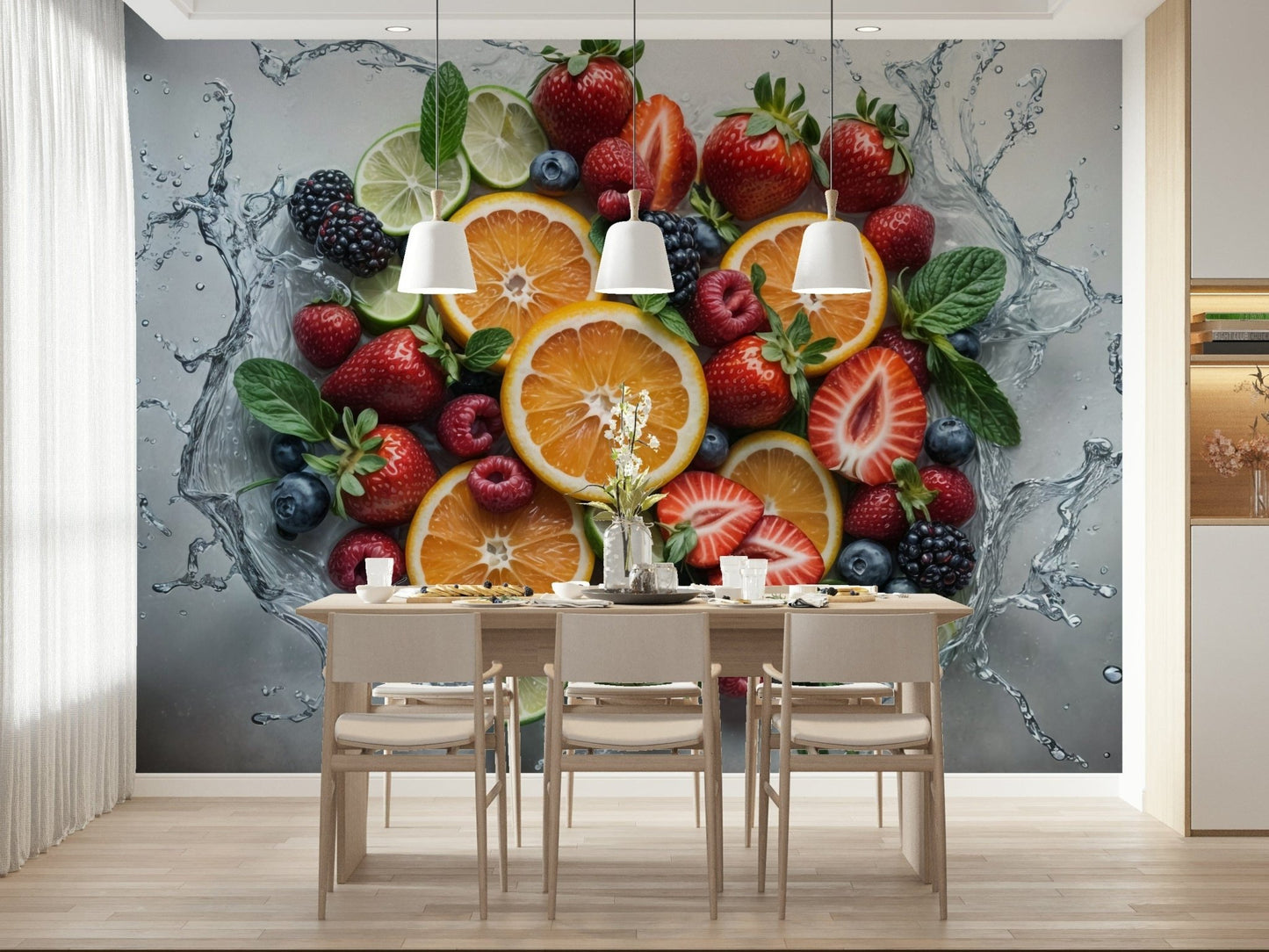 Fresh Splash Wall Mural with blue water droplets in a modern kitchen.