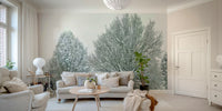 Serene frosty trees mural wallpaper creating a tranquil room vibe.

