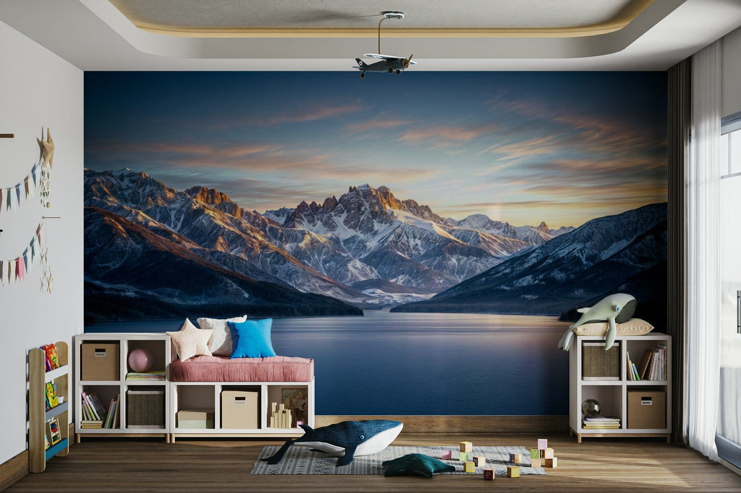 A high-angle view of the wall mural in a large space.
