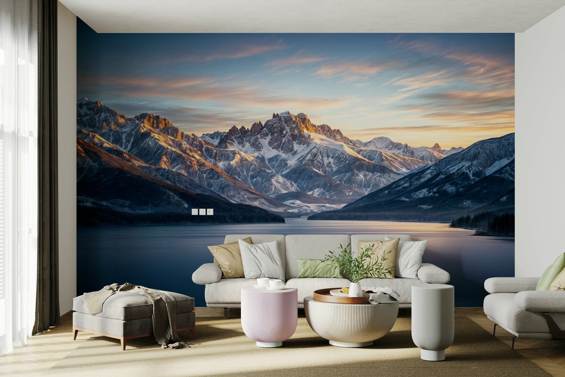 A minimalist interior with the snowy mountain wallpaper.