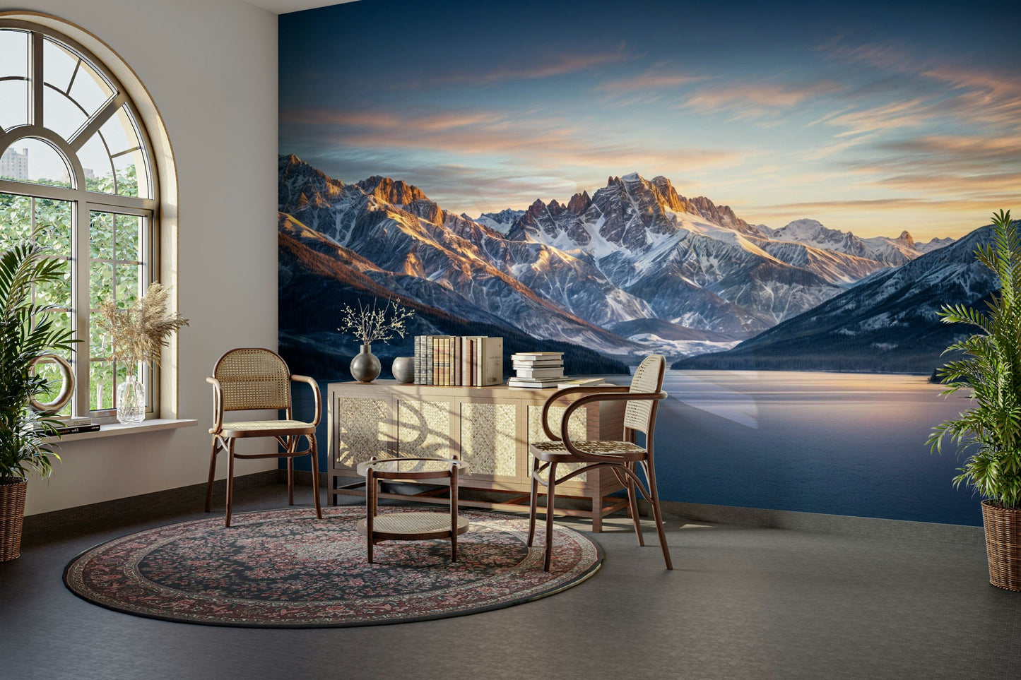 The wallpaper is used as a feature wall in a bedroom.