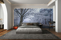 Frozen landscape mural with soft winter hues

