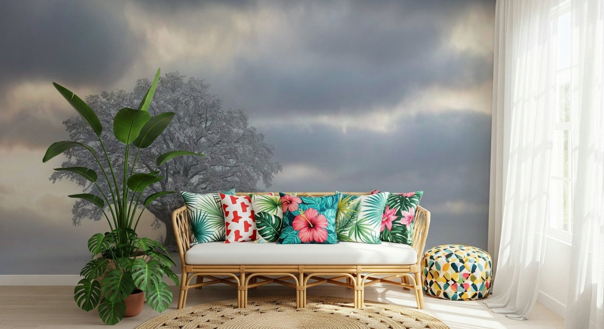 Wallpaper of a frosty landscape, solitary oak, chilly atmosphere.