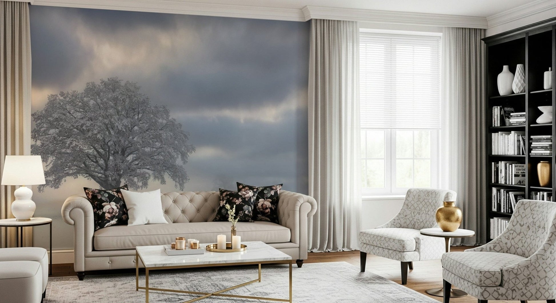Tranquil winter scene, forest wallpaper, calming natural beauty print.