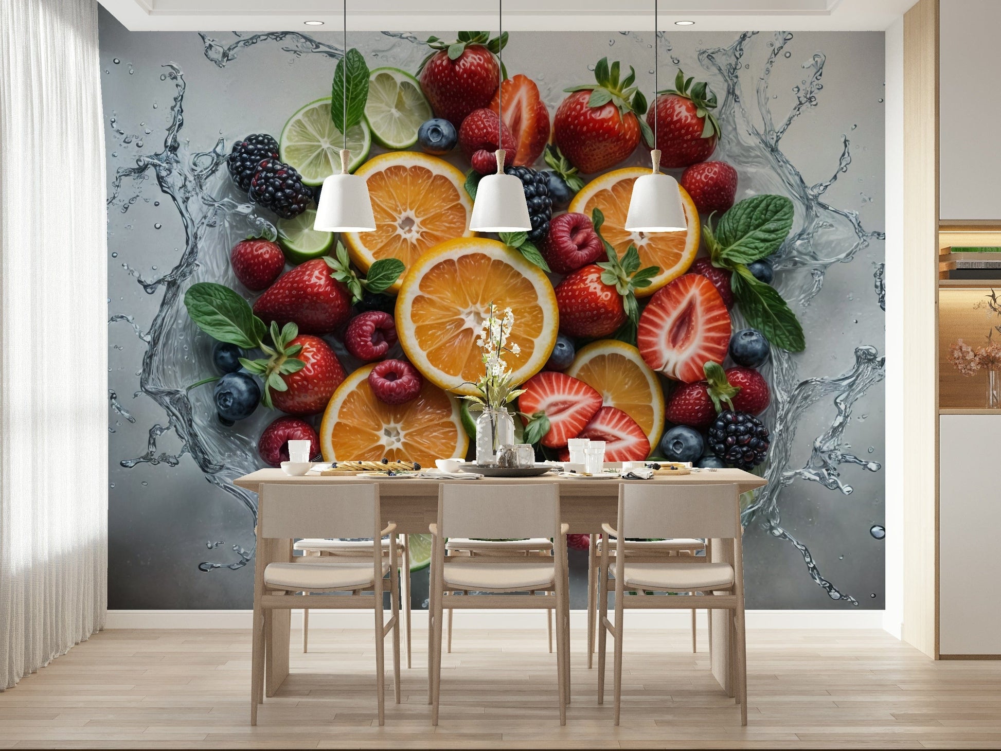 Fresh Splash Wall Mural with blue water droplets in a modern kitchen.