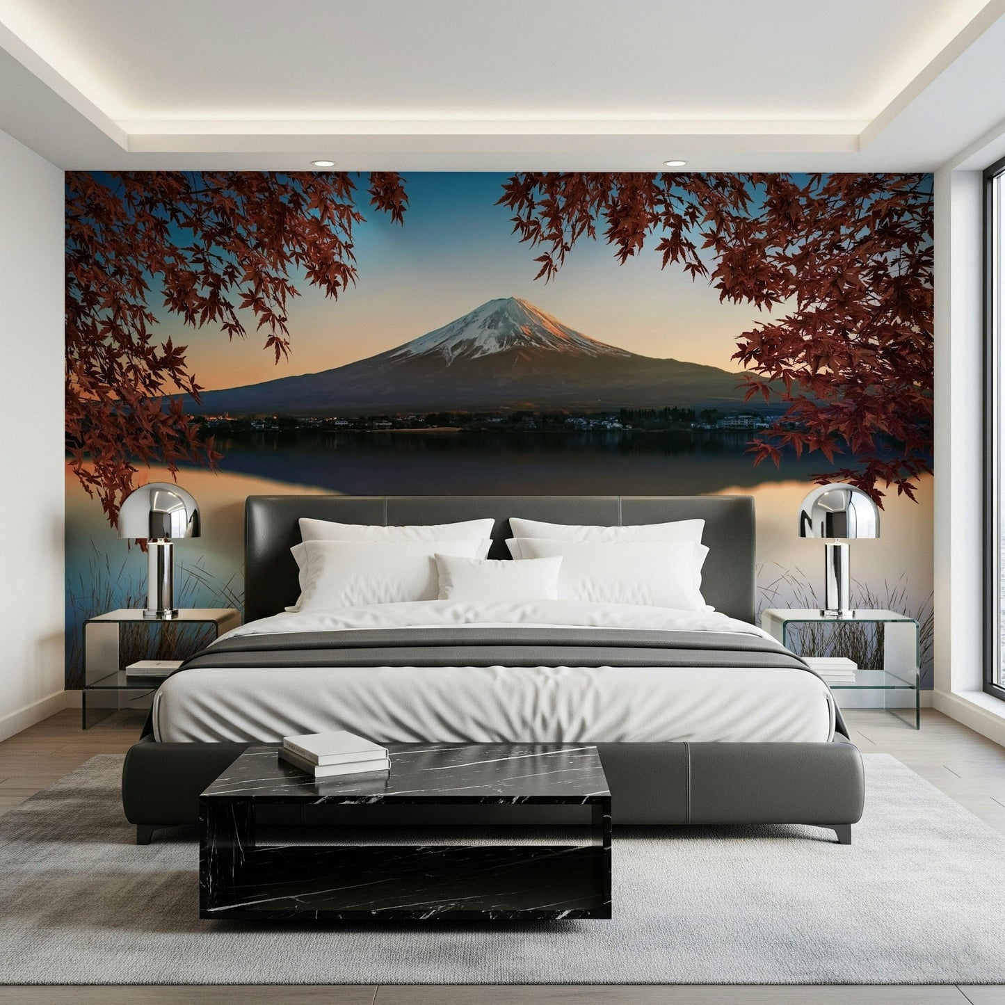 Magnificent Fuji at Dawn: Autumn View wall décor, snowy cap, water.