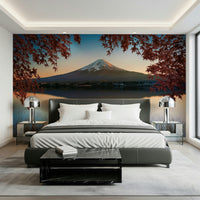 Magnificent Fuji at Dawn: Autumn View wall décor, snowy cap, water.
